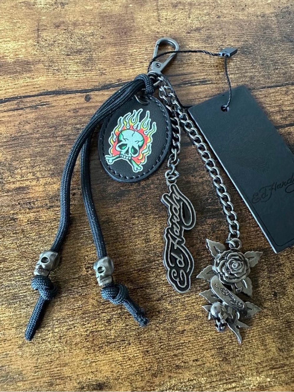 Ed Hardy Black Multi-Charm Bag Charm Keychain w/ Metal Logo & Rose NWT - Picture 4 of 4